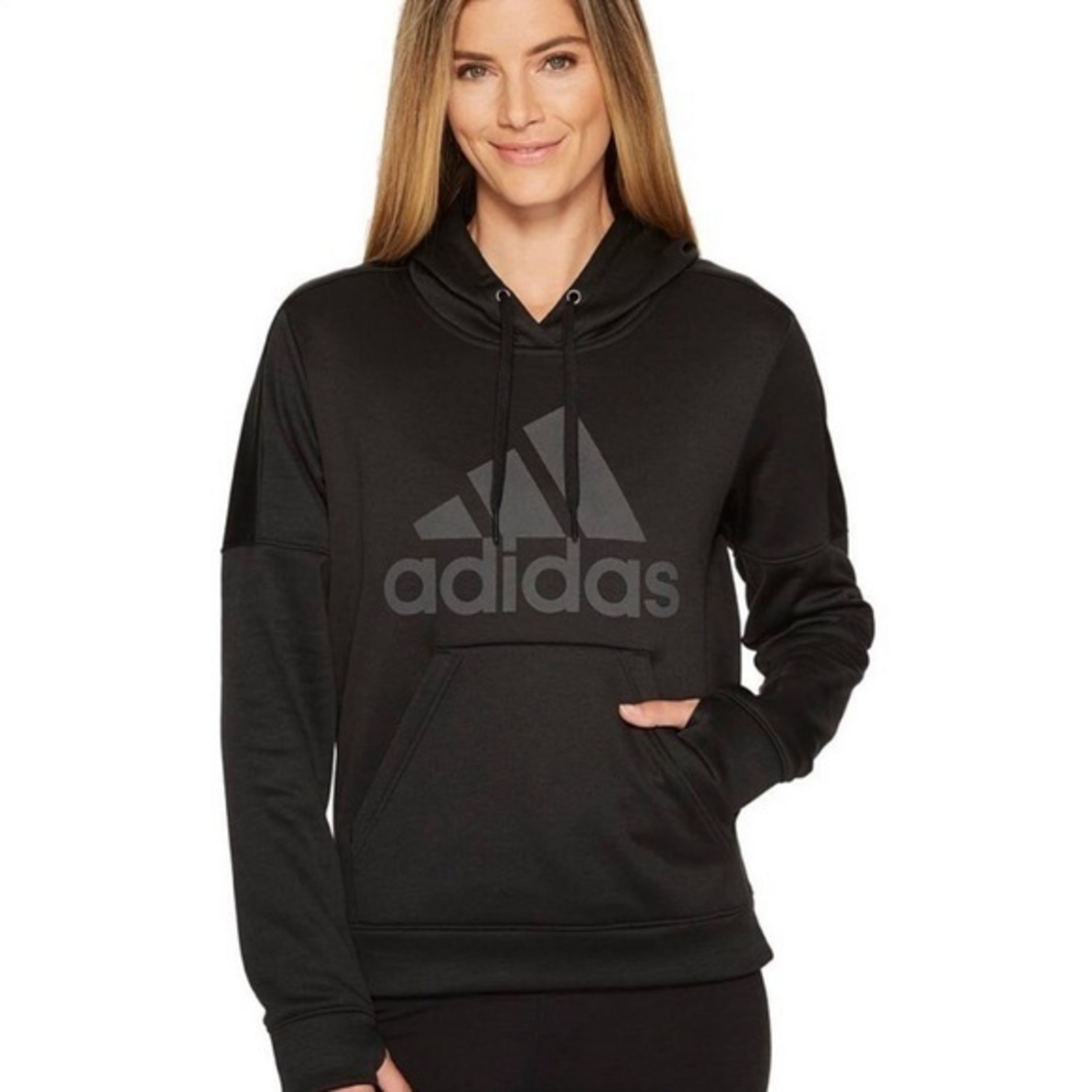 Adidas Black Flee Hoodie Pullover Front Logo